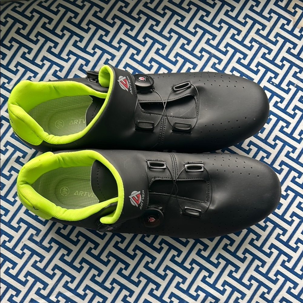 Black Cycling Shoes with Neon Accents and Peloton bike cleats